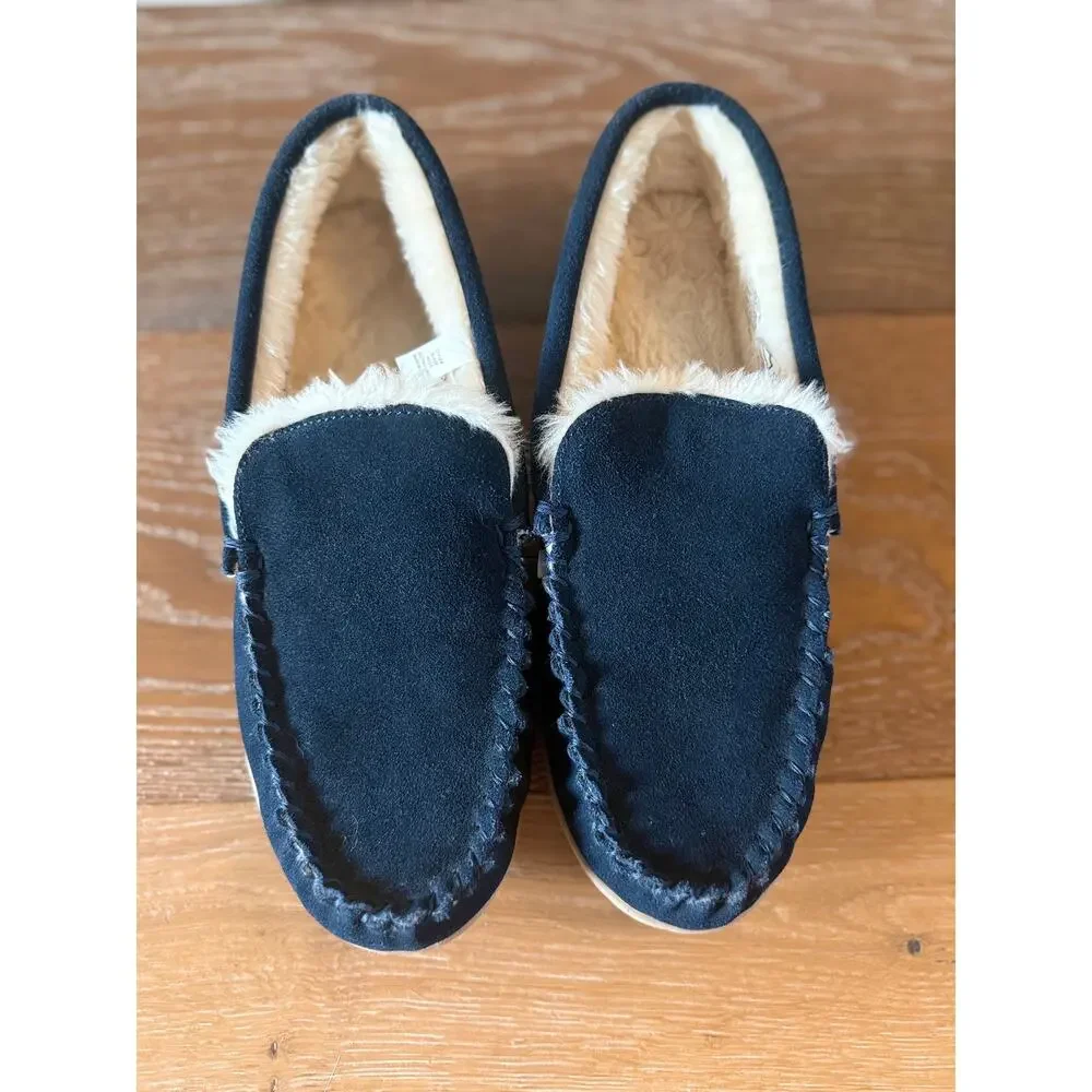 J.Crew Navy Suede Faux Fur Lined Moccasin Loafers Shoes Size 10 Never Worn
